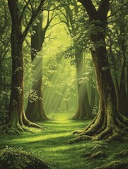 Sunlight Through Trees in Forest Landscape View with Green Grass and Mossy Roots in a Lush Environment