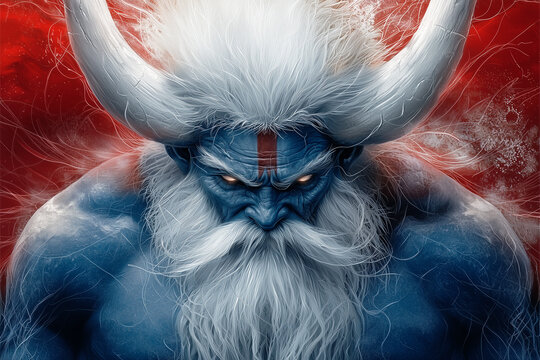 Ancient frost giant with massive white horns, flowing beard, and stern gaze in a fantasy art portrait