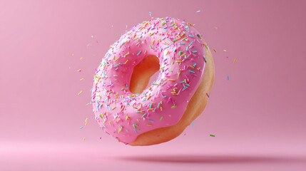 Colorful sprinkles adorn a pink frosted donut floating against a vibrant pink background