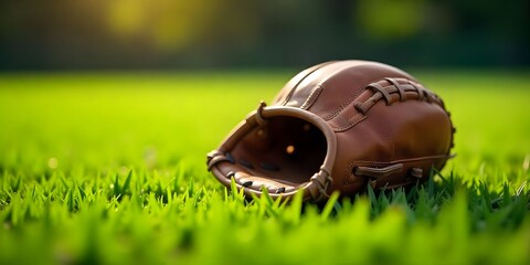 Baseball and baseball glove on the grass with a baseball bat in the background