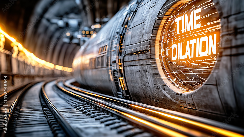 Poster sci-fi train with a glowing time dilation display moving rapidly through a futuristic tunnel