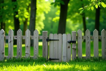 Fototapeta premium Rustic wooden picket fence with small gate leading to a vibrant green garden landscape
