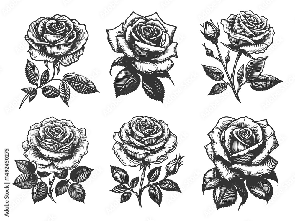 Poster rose flower set collection bundle sketch engraving generative ai raster illustration. scratch board 