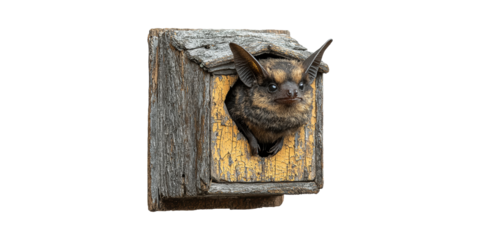 Bat Peeking From Rustic Wooden Birdhouse. Wildlife Conservation And Habitat Protection Isolated On Transparent Background