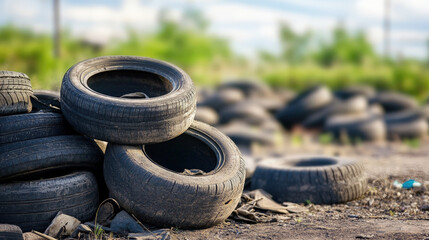 Pile of used black car tires scattered across an outdoor field, representing waste, recycling challenges, and environmental pollution issues in automotive disposal.