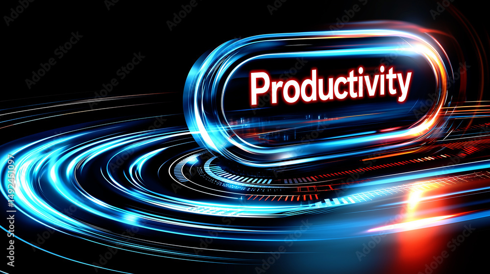 Poster productivity in a glowing frame with dynamic blue and red light trails on a dark background
