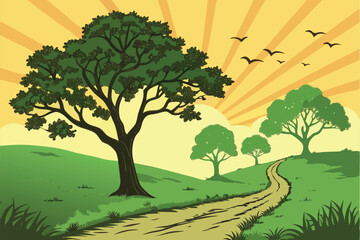 148 highly detailed, vibrant, lush green landscape, dirt path winding through, tall mature oak trees on either side, flock of birds flying in the sky, bright orange and yellow sunset, radiant beams of