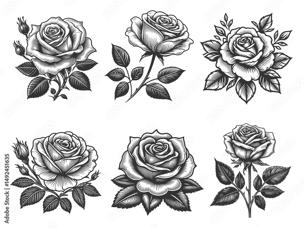 Poster rose flower set collection bundle sketch engraving generative ai raster illustration. scratch board 