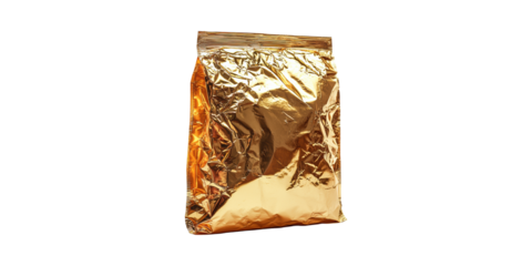 Golden Foil Packaging Bag. Premium Product Presentation And Branding Isolated On Transparent Background