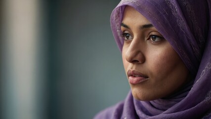 Portrait of a Young Woman in a Purple Hijab Lost in Thoughtful Contemplation