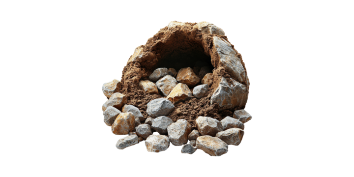 Rocky Cave Entrance With Stones And Soil. Natural Formation And Geological Study Concept Isolated On Transparent Background