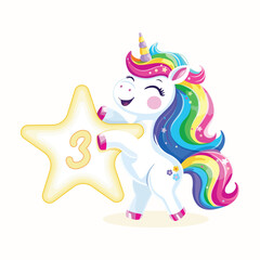 Birthday party invitation, template with cute and happy unicorn with multi-colored hair and number 3 on white background. Vector illustration in flat cartoon style