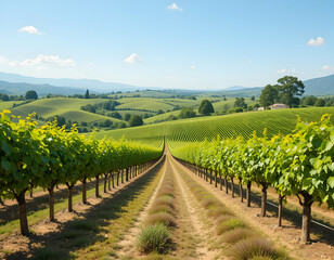 Naklejka premium Vineyard Landscape on Rolling Hills Under a Clear Sky