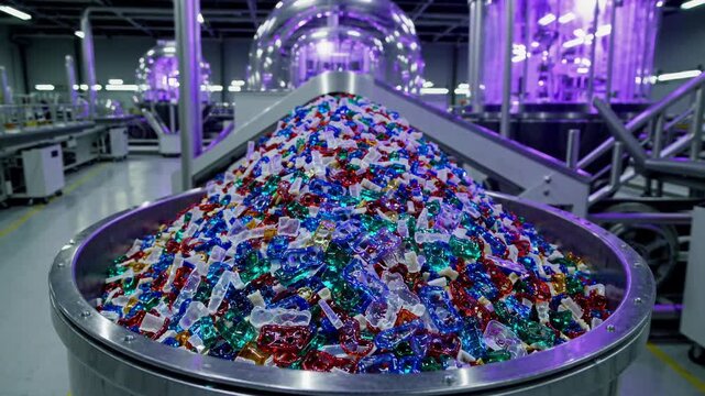 Colorful hard candies rotate inside a metal container during the mixing phase of an automated wrapping process inside a modern food processing plant