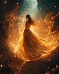 Obraz premium phoenix queen emerging from enchanted fire throne in dreamlike cavern with delicate spark textures Fantasy Animal Royalty Whimsical Pet Illustration Enchanted Storybook Portraits