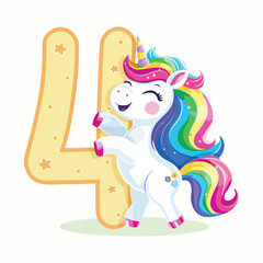 Birthday party invitation, template with cute and happy unicorn with multi-colored hair and number 4 on white background. Vector illustration in flat cartoon style