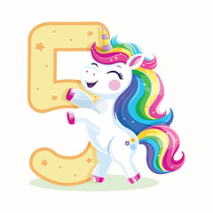 Birthday party invitation, template with cute and happy unicorn with multi-colored hair and number 5 on white background. Vector illustration in flat cartoon style