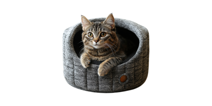 Cat Relaxing In Cozy Pet Bed. Feline Comfort And Home Decor Isolated On Transparent Background