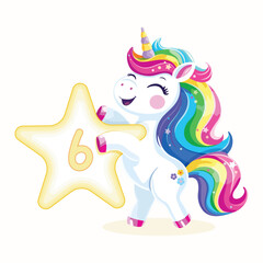 Birthday party invitation, template with cute and happy unicorn with multi-colored hair and number 6 on white background. Vector illustration in flat cartoon style