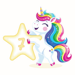 Birthday party invitation, template with cute and happy unicorn with multi-colored hair and number 7 on white background. Vector illustration in flat cartoon style