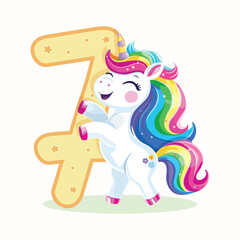 Birthday party invitation, template with cute and happy unicorn with multi-colored hair and number 7 on white background. Vector illustration in flat cartoon style