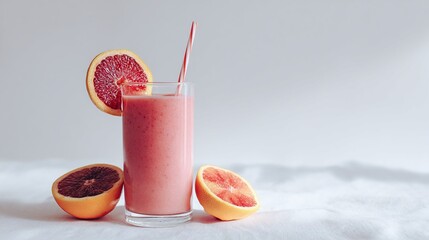 Refreshing pink smoothie in a glass with a straw, surrounded by citrus fruits on a light backdrop