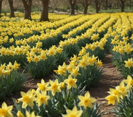 Obraz premium Thousands of dazzling daffodils in full bloom, sunny day , garden, landscape