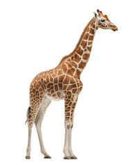 Naklejka premium Elegant Giraffe in Natural Stance: A majestic giraffe, its towering form and unique patterned coat stand out as it stands in the spotlight, its long neck reaching toward the heavens in a natural pose