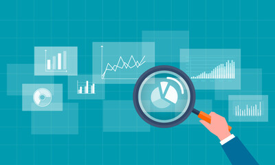business data analytics. business research on report graphs. people hand hold magnifying glass. finance investment planning concept 
