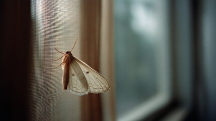 A delicate moth rests on a sunlit window screen, its wings patterned with nature's intricate design, bathed in soft, ambient light.