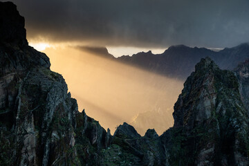 view of the mountains and rocks near Arieiro peak - the highest point of Madeira island, Portugal