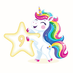 Birthday party invitation, template with cute and happy unicorn with multi-colored hair and number 9 on white background. Vector illustration in flat cartoon style