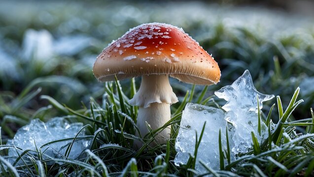 Frosty mushroom emerging from icy grass