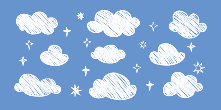 Kid cloud chalk crayon doodle vector - starry skies children room wall decals stickers. Whimsy fluffy silhouettes ragged edges cutouts. Pastel colors imperfect outlines nursery art.