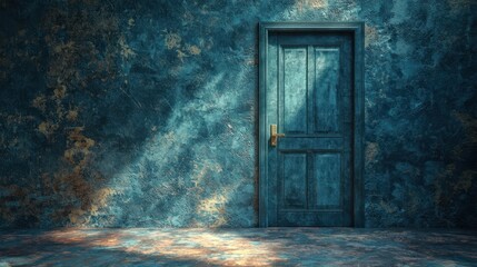 Dark room, aged wall, single door, dramatic lighting, interior scene, background for horror/mystery, possible use for movie poster