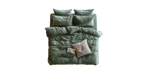 Green Bedding Set With Pillows And Blanket. Cozy Bedroom Decor And Comfort Essentials Isolated On Transparent Background