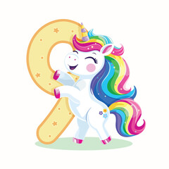 Birthday party invitation, template with cute and happy unicorn with multi-colored hair and number 9 on white background. Vector illustration in flat cartoon style