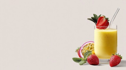 Refreshing tropical smoothie with strawberries and passion fruit, set against a soft neutral backdrop