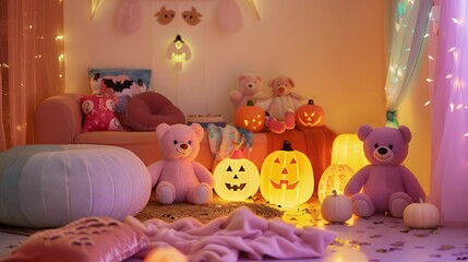 Adorable Halloween Room with Teddy Bears and Glowing Pumpkins
