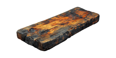 Charred Wooden Plank. Rustic Burnt Timber For Design And Decoration Isolated On Transparent Background