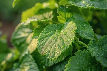 Macro Shot of a Dew Drop on the Tip of a Leaf Capturing Reflections in a Lush Green Environment Varient 3