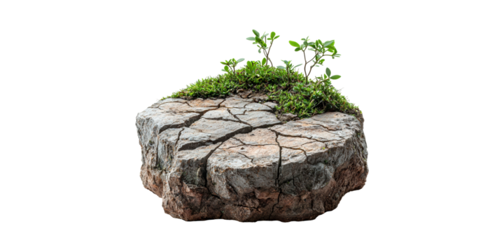 Cracked Earth With Green Plants Growing. Symbol Of Resilience And Environmental Renewal Isolated On Transparent Background