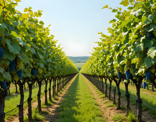 Walking Through Vineyard Rows on a Sunny Day with Ripe Grapes