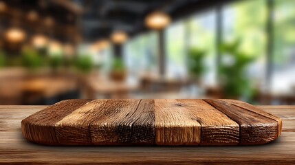 Rustic Wooden Tabletop in a Blurred Cafe Background