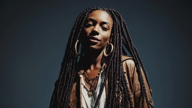 Portrait d&rsquo;une femme confiante aux longues tresses et veste en cuir

