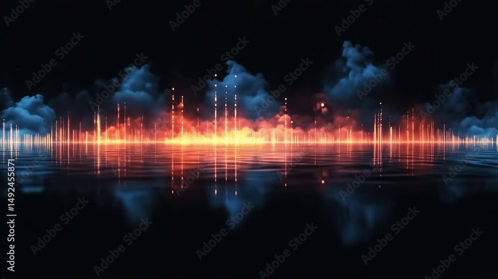 Fototapete A stunning visual display features vibrant neon light patterns interacting with sound waves. The reflection on the water creates an ethereal ambiance, enhancing the atmospheric experience at night.