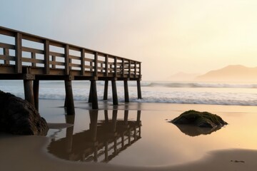 Fototapeta premium Serene Coastal Dawn Wooden Pier Reflecting in Calm Ocean Waters at Sunrise
