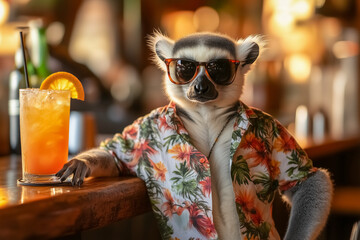 Obraz premium Lemur dressed in hawaiin shirt and sunglasses enjoys refreshing drink at tropical bar, happy vacation in tropical country