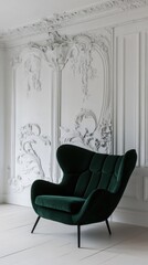 Emerald Velvet Armchair in Ornate Room Interior Design with White Walls and Decorative Plasterwork Detail Elegant Modern Living Space