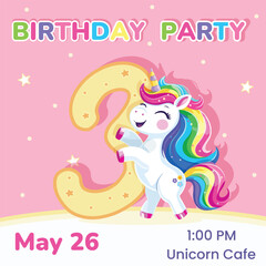 Birthday party invitation with number 3. Template with cute and happy unicorn with multi-colored hair and star. Poster, Banner, Flyer. Vector illustration in flat cartoon style